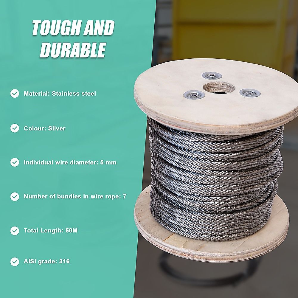50m Stainless Steel Wire Rope Cable 5mm 316 A4 7x7 Balustrade Fence V63-929941