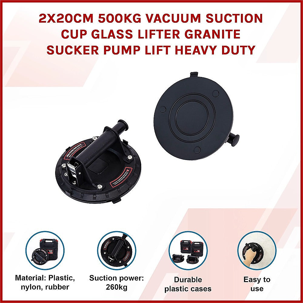 2x20cm 500kg Vacuum Suction Cup Glass Lifter Granite Sucker Pump Lift Heavy Duty V63-930001