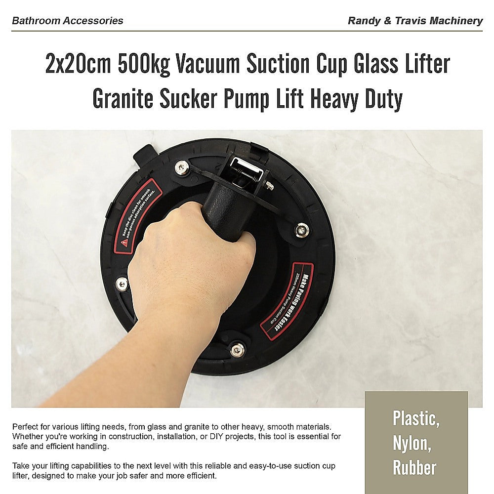 2x20cm 500kg Vacuum Suction Cup Glass Lifter Granite Sucker Pump Lift Heavy Duty V63-930001