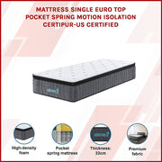 Single Euro Top Pocket Spring Mattress - Motion Isolation Comfort with CertiPUR-US Certified Foam Layers V63-930261