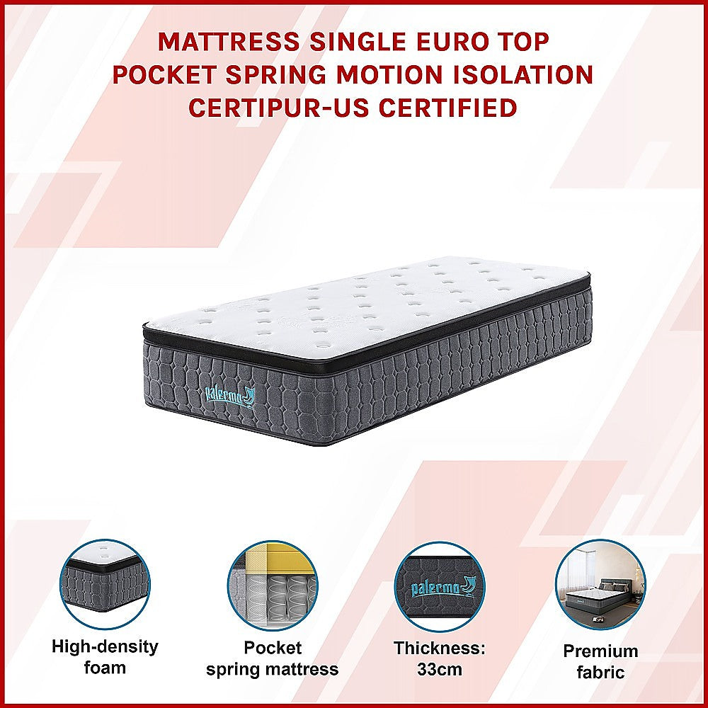 Single Euro Top Pocket Spring Mattress - Motion Isolation Comfort with CertiPUR-US Certified Foam Layers V63-930261
