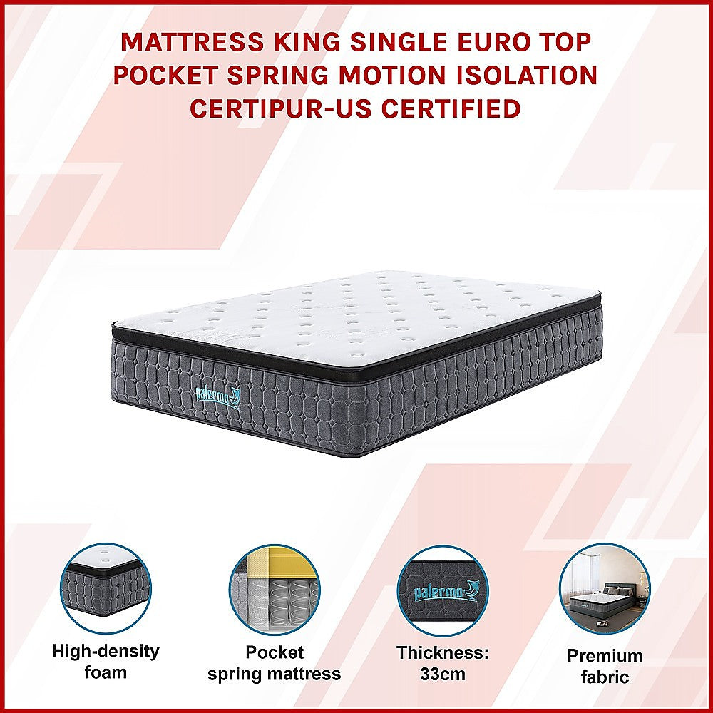King Single Euro Top Pocket Spring Mattress - Motion Isolation Comfort with CertiPUR-US Certified Foam Layers V63-930271