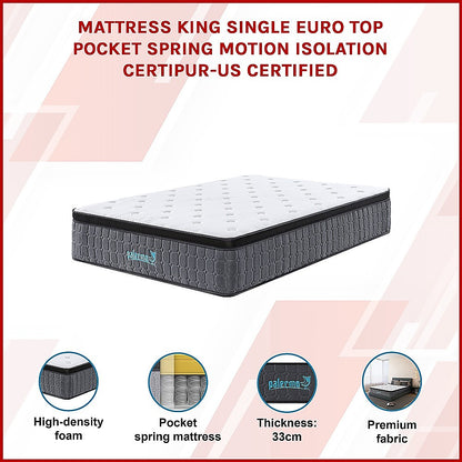 King Single Euro Top Pocket Spring Mattress - Motion Isolation Comfort with CertiPUR-US Certified Foam Layers V63-930271