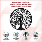 60cm Tree Of Life And Birds Round Metal Wall Garden Art Sculpture For Outdoor Decor V63-931321
