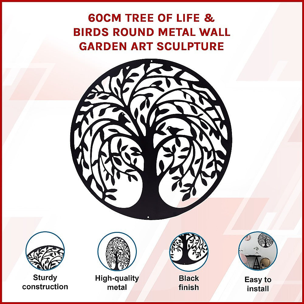 60cm Tree Of Life And Birds Round Metal Wall Garden Art Sculpture For Outdoor Decor V63-931321