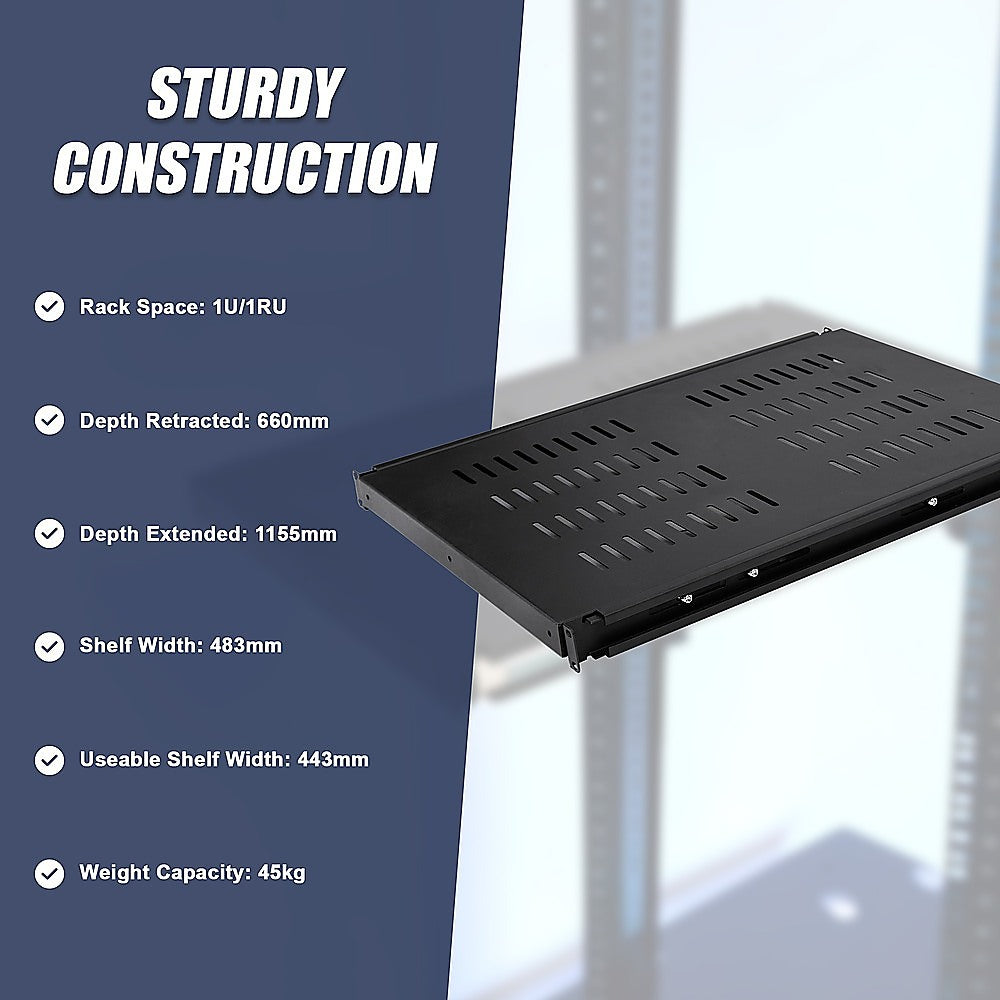 1U Sliding Server Rack Shelf 26 Inch Deep Vented for 19 Inch Cabinet V63-932021