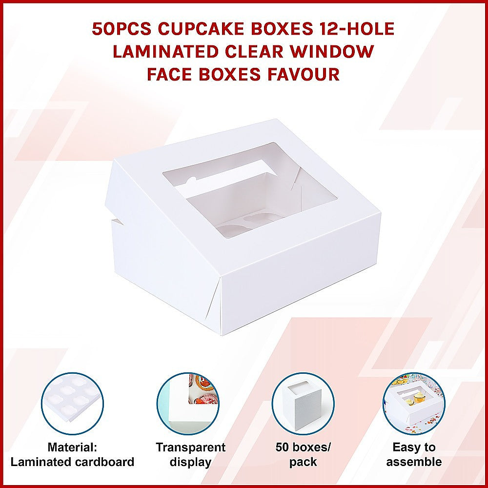 50pcs Cupcake Boxes 12-Hole Laminated Clear Window Face Boxes Favour V63-932041