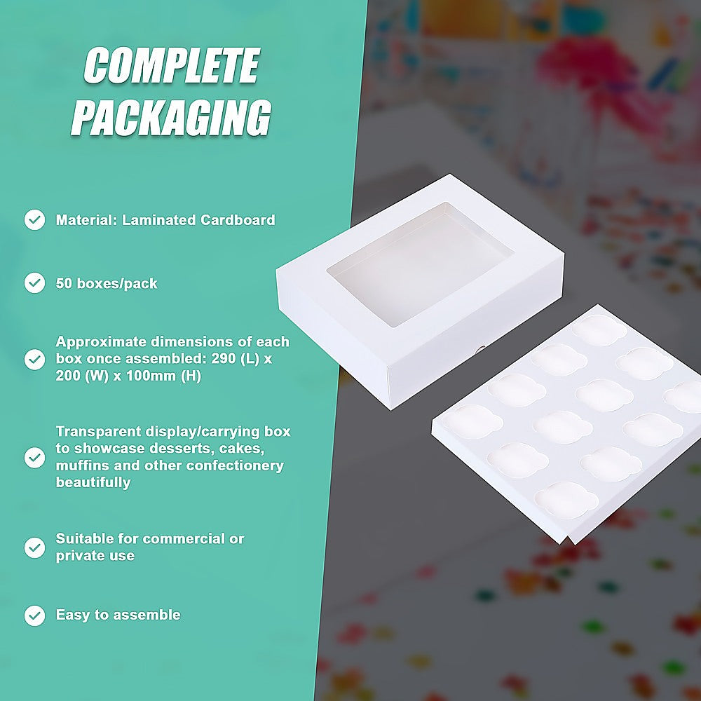 50pcs Cupcake Boxes 12-Hole Laminated Clear Window Face Boxes Favour V63-932041