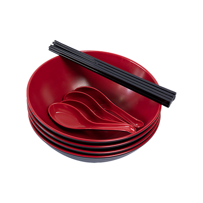 12 Piece Ramen Noodle Bowl with Spoon and Chopsticks Black Red