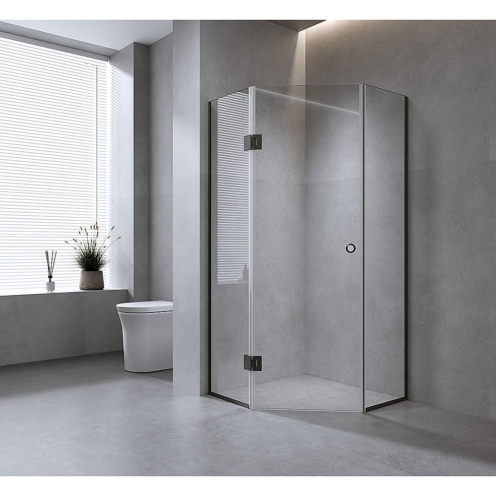 90cm Frameless Diamond Shower Screen with Black Channels and Brass Hinges V63-932791