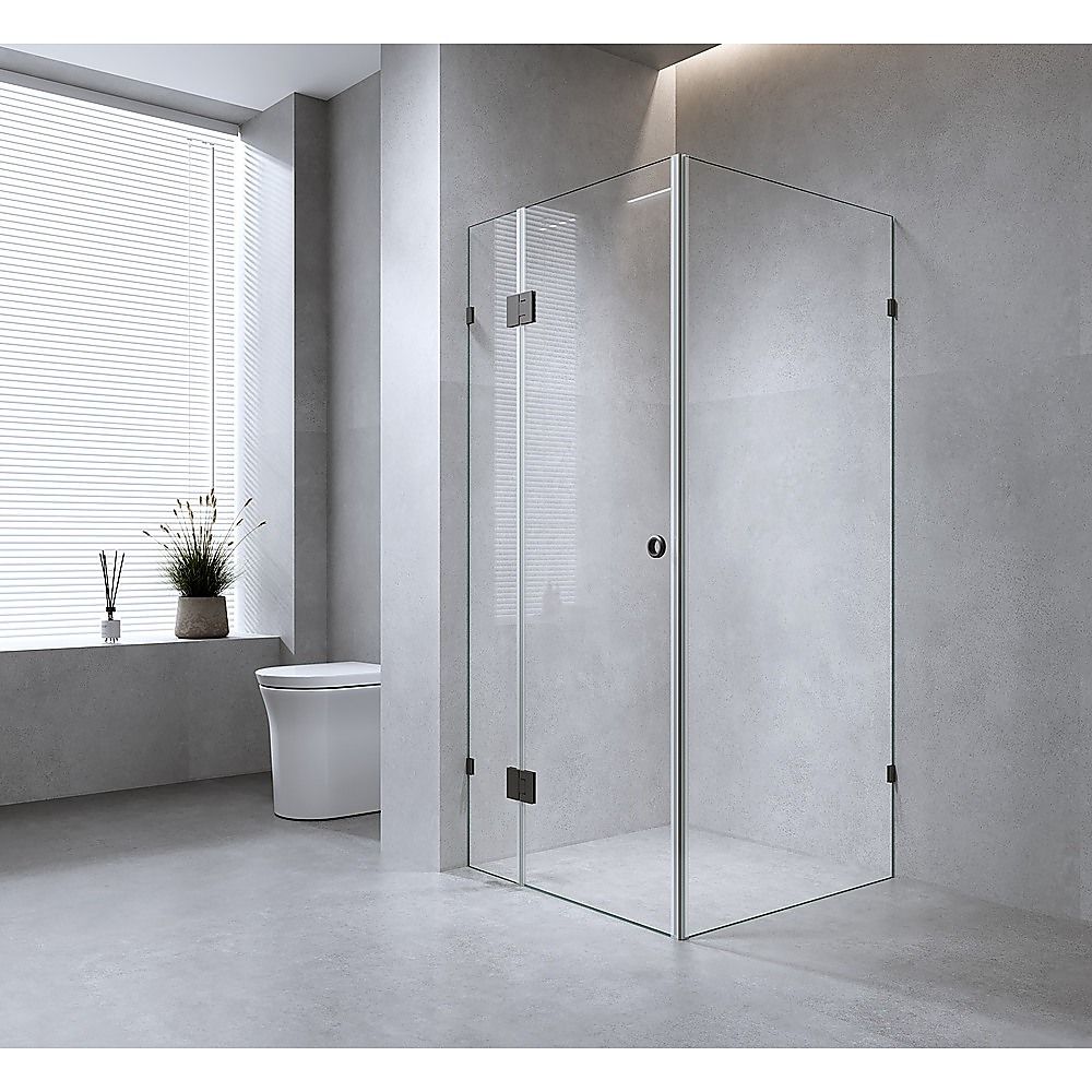 120x100cm Corner Frameless Shower Screen with White Brackets and Brass Hinges - U-Brackets and Floor U-Bracket V63-947911