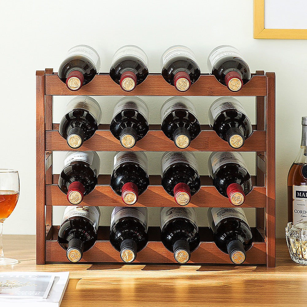 Bamboo Wine Rack Free Standing 15 Bottles with 6 Glasses Holder Storage in Brown V63-952231