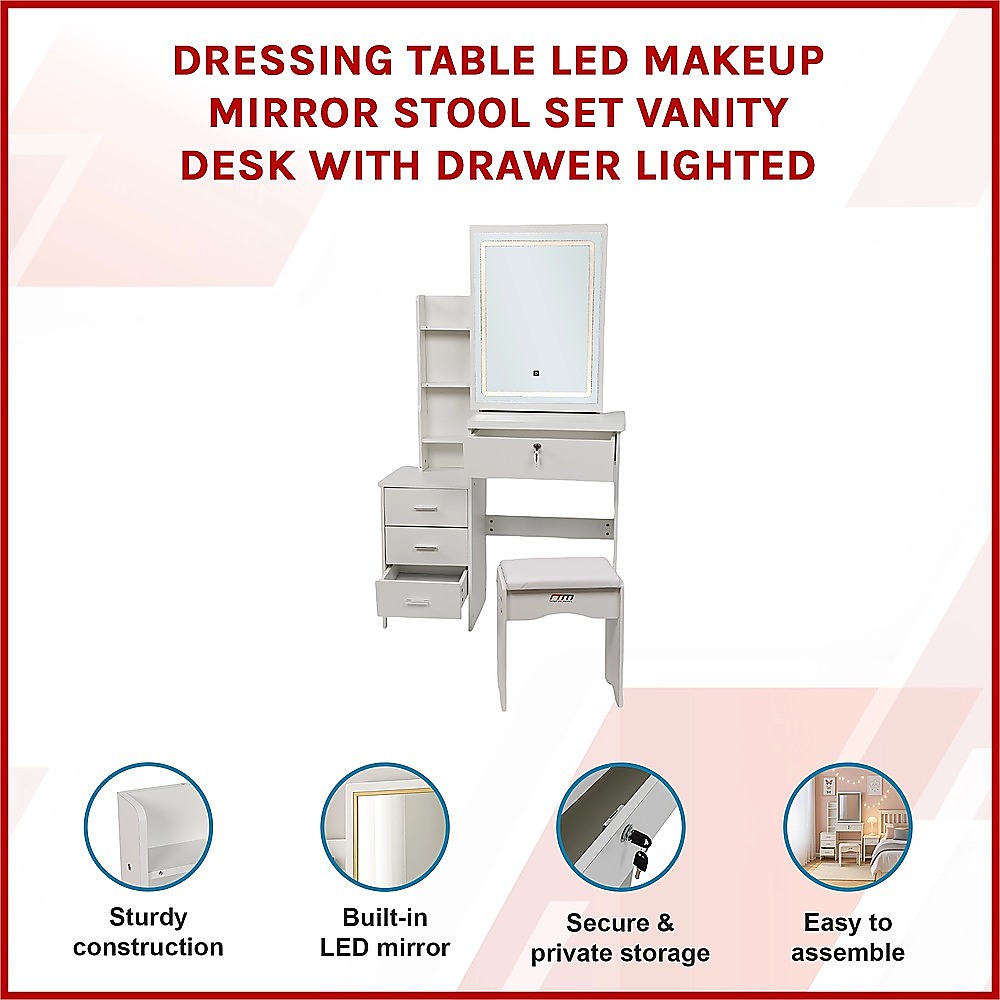 Dressing Table LED Makeup Mirror Stool Set Vanity Desk With Drawer Lighted V63-952301