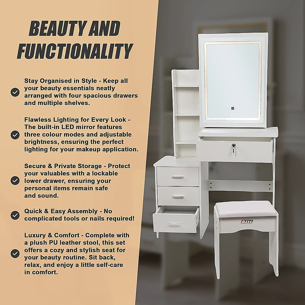 Dressing Table LED Makeup Mirror Stool Set Vanity Desk With Drawer Lighted V63-952301