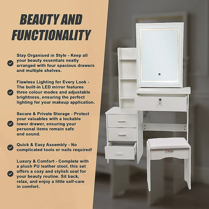 Dressing Table LED Makeup Mirror Stool Set Vanity Desk With Drawer Lighted V63-952301