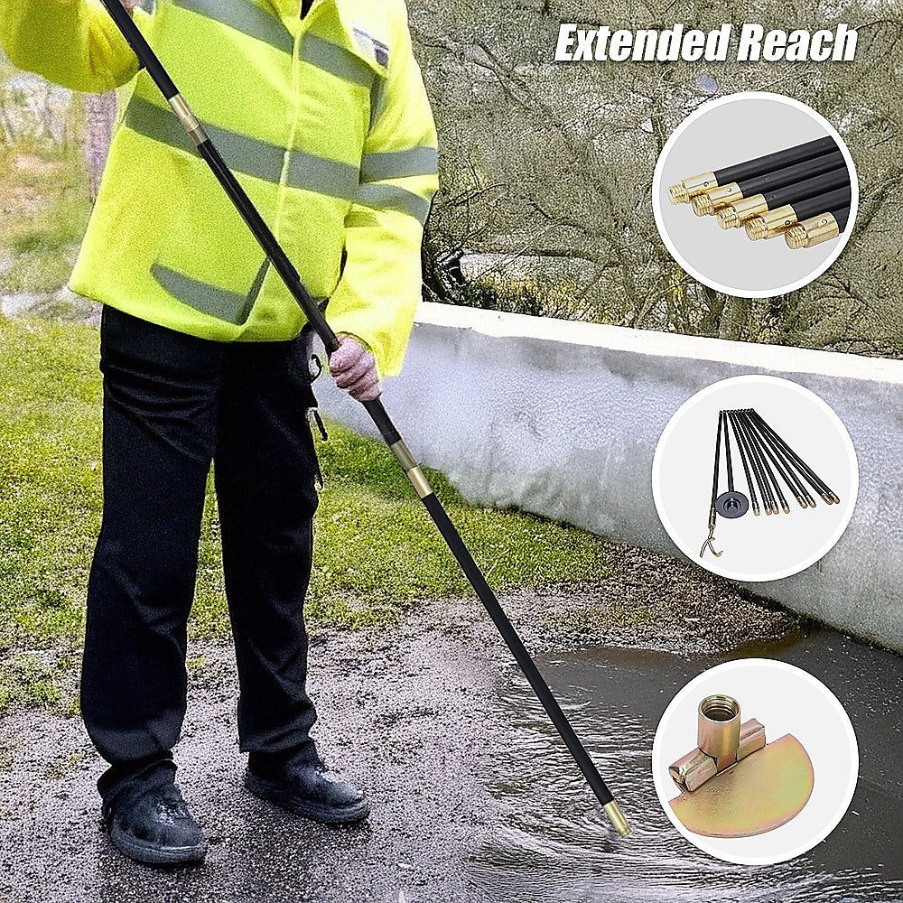 9m Drain Rod Set Kit Plunger Worm Scraper Cleaning Rods Rodding Carry Bag V63-952311