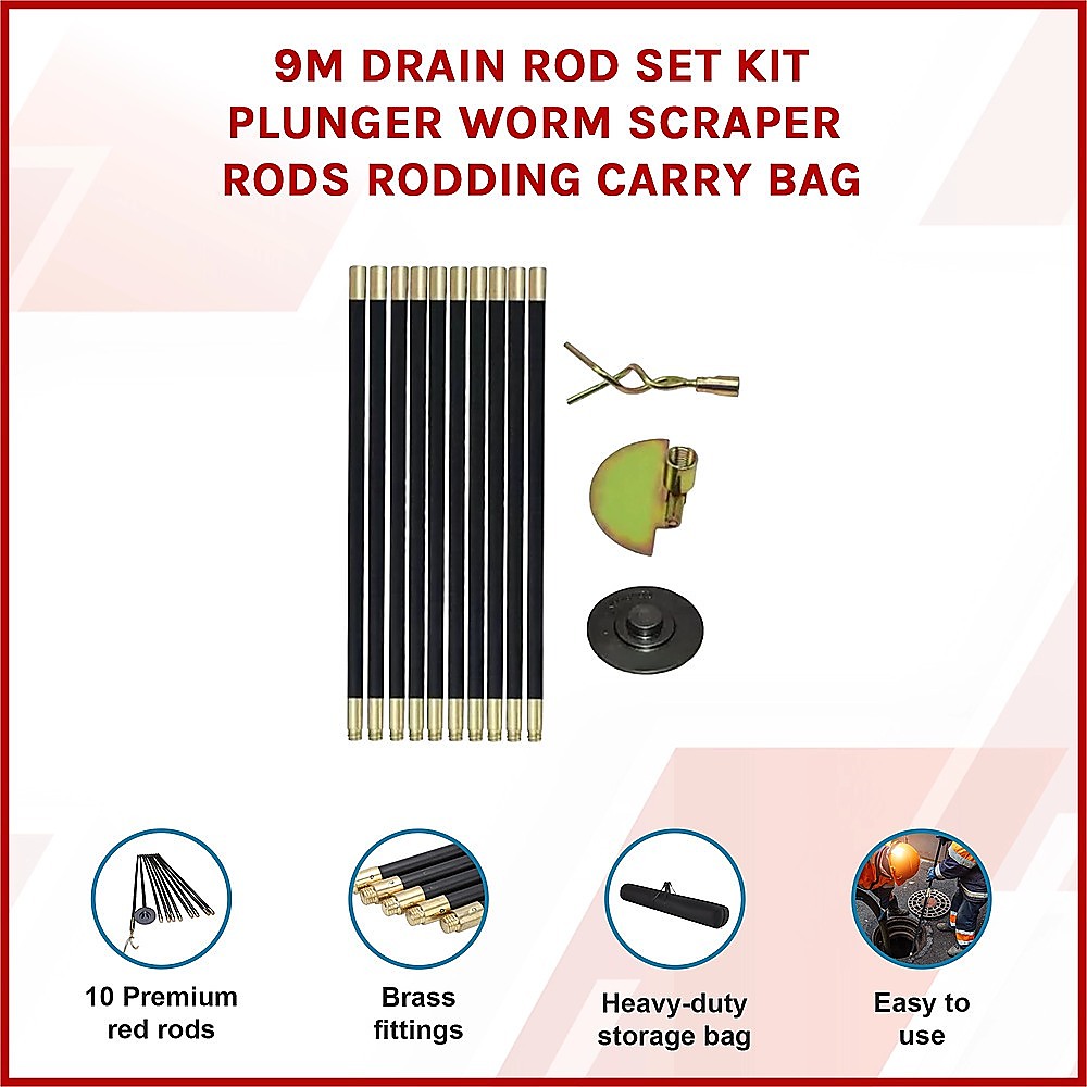 9m Drain Rod Set Kit Plunger Worm Scraper Cleaning Rods Rodding Carry Bag V63-952311