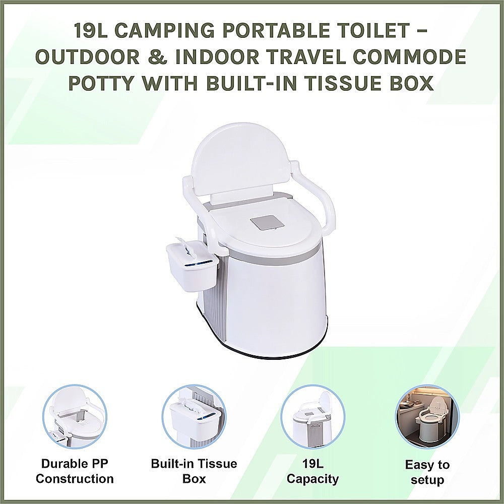 19L Camping Portable Toilet - Outdoor & Indoor Travel Commode Potty with Built-In Tissue Box V63-952411