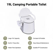 19L Camping Portable Toilet - Outdoor & Indoor Travel Commode Potty with Built-In Tissue Box V63-952411