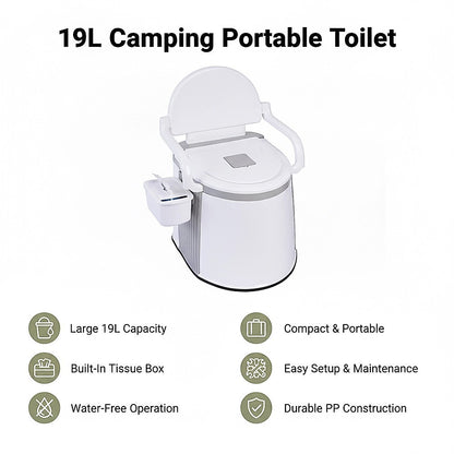19L Camping Portable Toilet - Outdoor & Indoor Travel Commode Potty with Built-In Tissue Box V63-952411