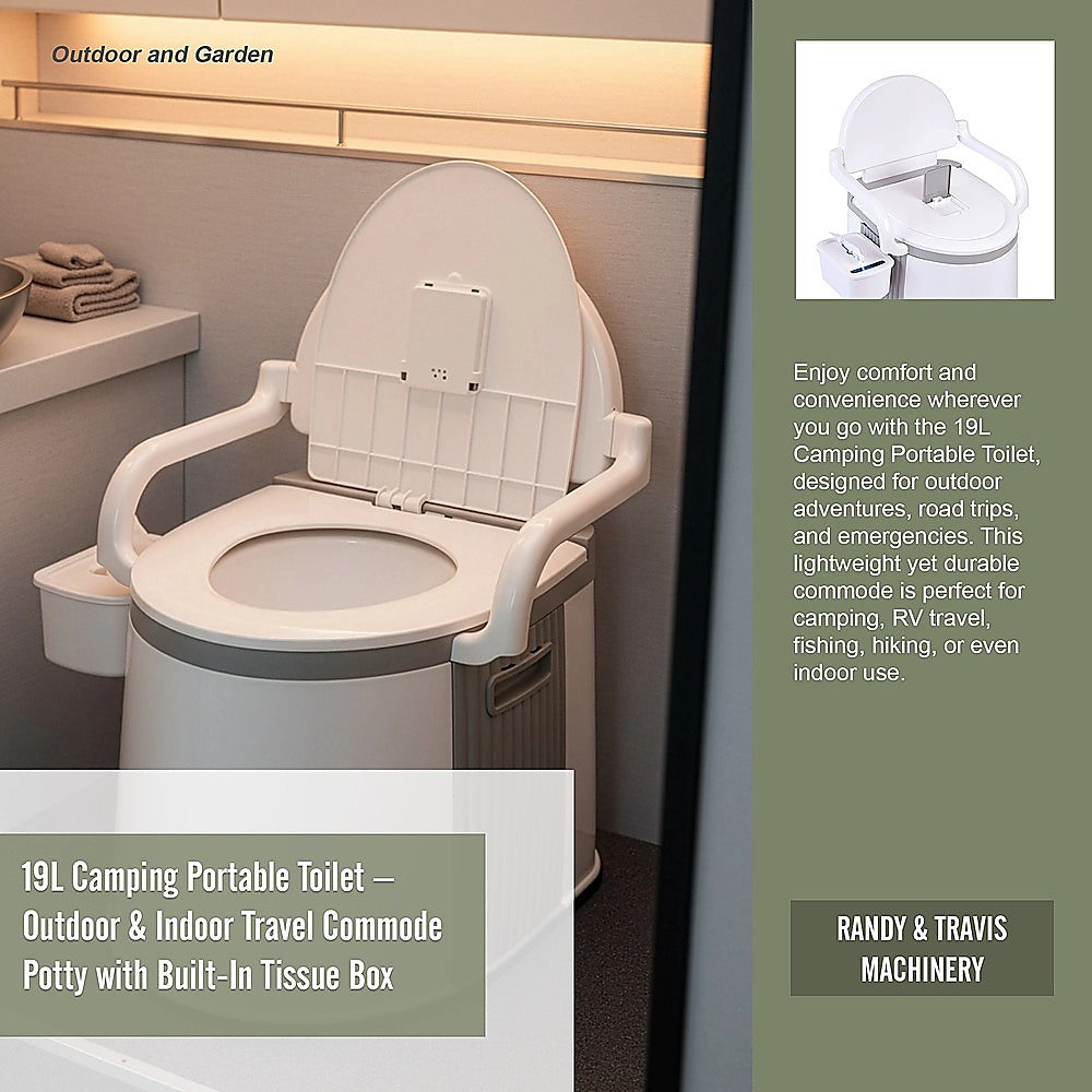 19L Camping Portable Toilet - Outdoor & Indoor Travel Commode Potty with Built-In Tissue Box V63-952411