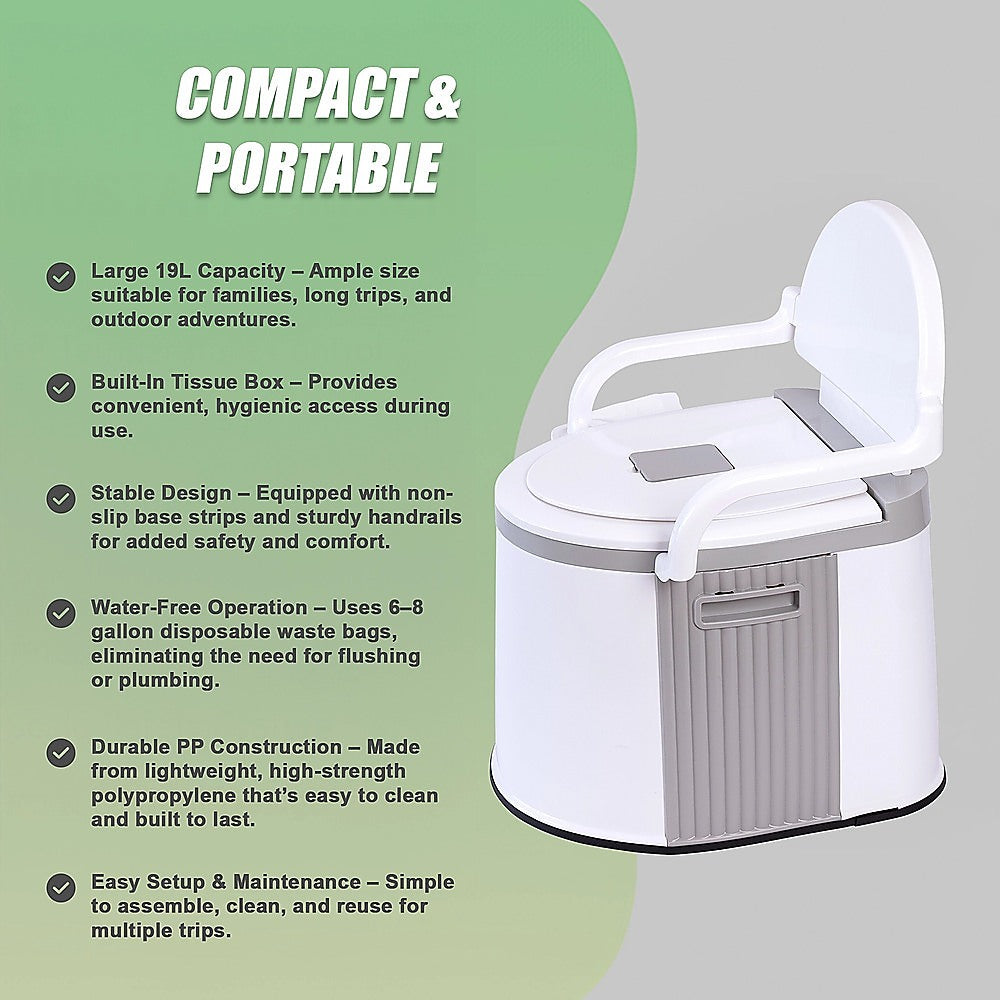 19L Camping Portable Toilet - Outdoor & Indoor Travel Commode Potty with Built-In Tissue Box V63-952411