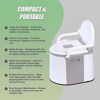 19L Camping Portable Toilet - Outdoor & Indoor Travel Commode Potty with Built-In Tissue Box V63-952411