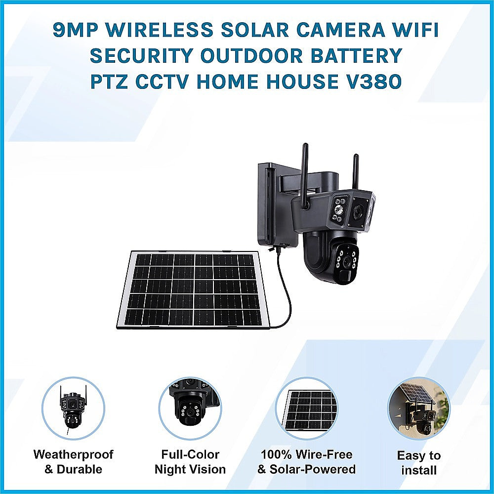9MP Wireless Solar Camera WIFI Security Outdoor Battery PTZ CCTV Home House V380 V63-952461