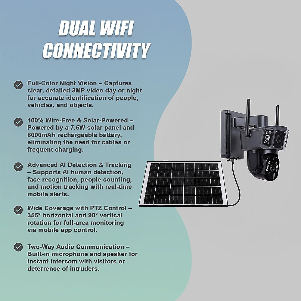 9MP Wireless Solar Camera WIFI Security Outdoor Battery PTZ CCTV Home House V380 V63-952461
