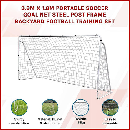 3.6m x 1.8m Portable Soccer Goal Net Steel Post Frame Backyard Football Training Set V63-952511