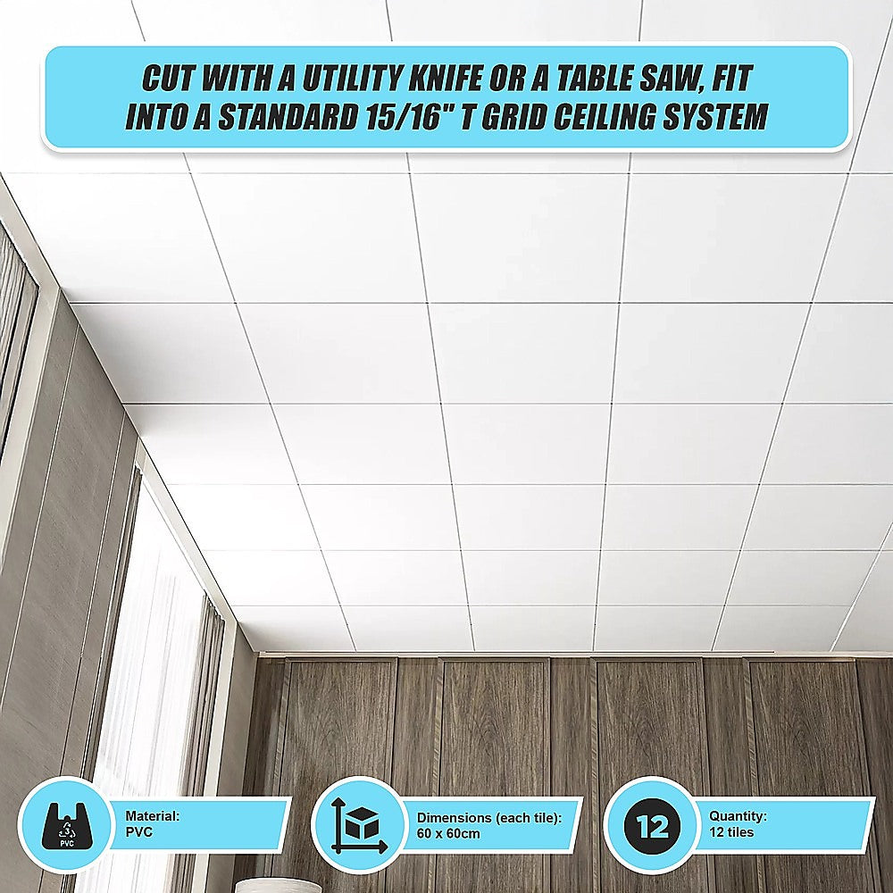 12x Smooth Drop Ceiling Tile 2ft x 2ft PVC Ceiling Panel V63-952641