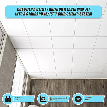 12x Smooth Drop Ceiling Tile 2ft x 2ft PVC Ceiling Panel V63-952641