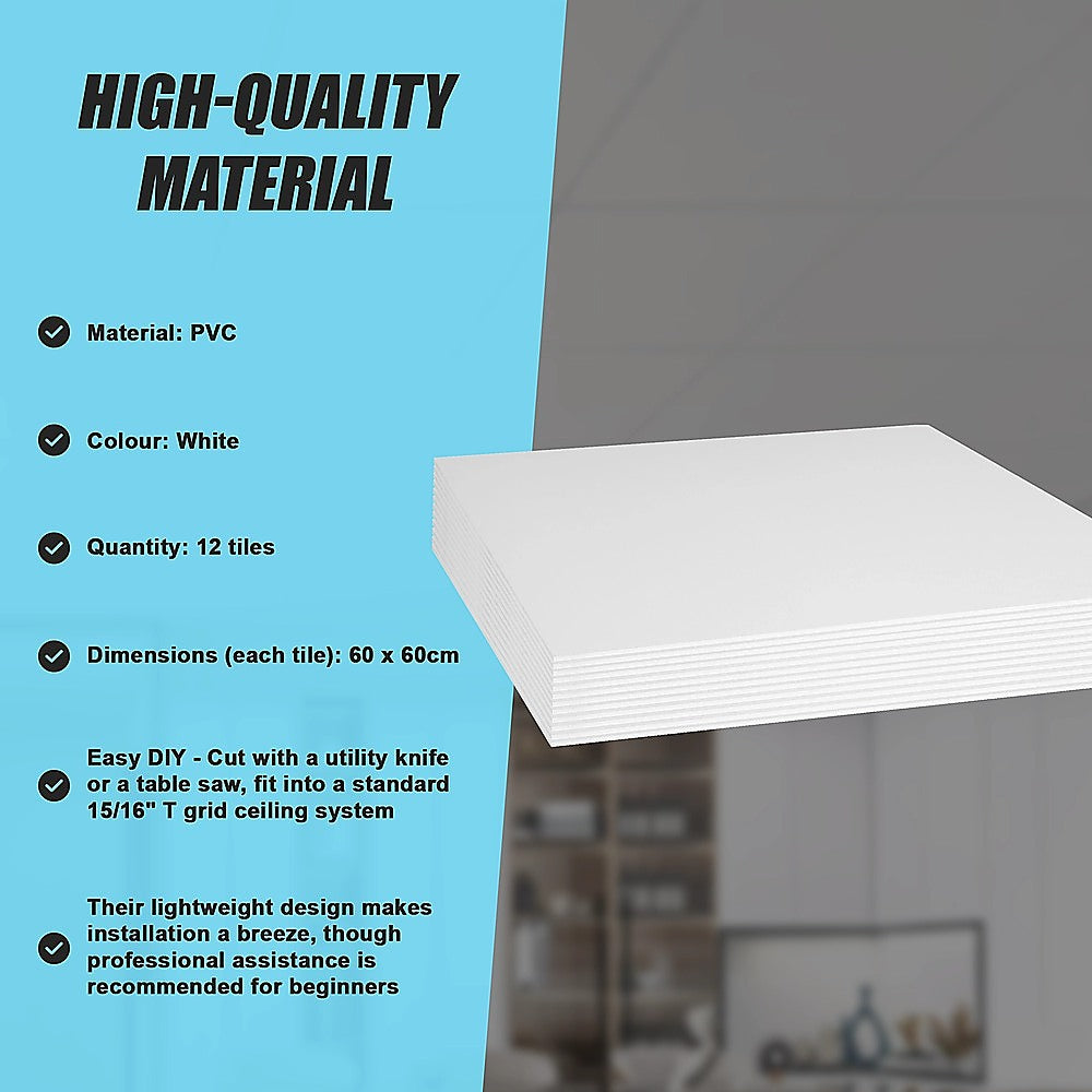 12x Smooth Drop Ceiling Tile 2ft x 2ft PVC Ceiling Panel V63-952641