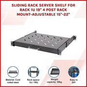 Sliding Rack Server Shelf 1U 19" 4 Post Mount - Adjustable 15" to 22" Rack Tray V63-952651