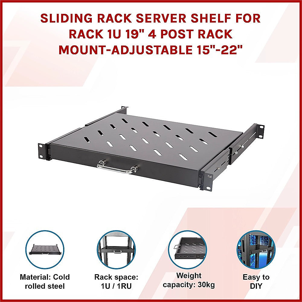 Sliding Rack Server Shelf 1U 19" 4 Post Mount - Adjustable 15" to 22" Rack Tray V63-952651
