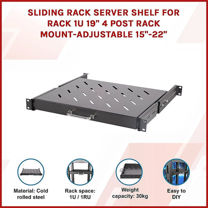 Sliding Rack Server Shelf 1U 19" 4 Post Mount - Adjustable 15" to 22" Rack Tray V63-952651