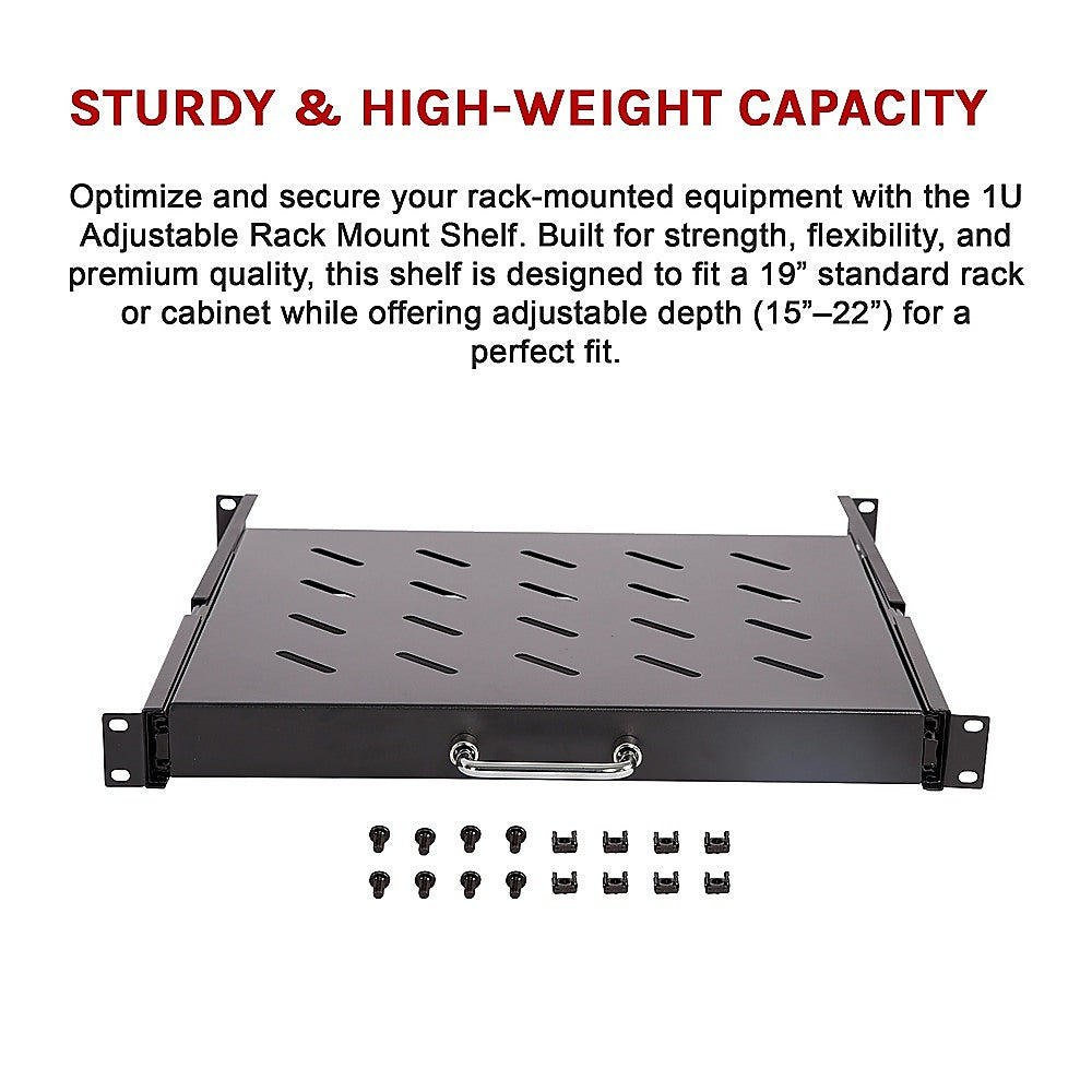 Sliding Rack Server Shelf 1U 19" 4 Post Mount - Adjustable 15" to 22" Rack Tray V63-952651