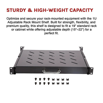 Sliding Rack Server Shelf 1U 19" 4 Post Mount - Adjustable 15" to 22" Rack Tray V63-952651