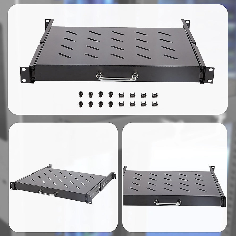Sliding Rack Server Shelf 1U 19" 4 Post Mount - Adjustable 15" to 22" Rack Tray V63-952651