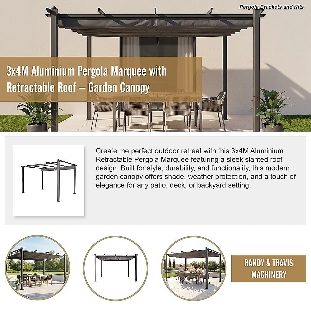 3x4M Aluminium Pergola Marquee with Retractable Roof - Garden Canopy V63-952691