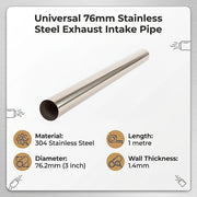 Universal 76mm Stainless Steel Exhaust Intake Pipe Polished Fitting V63-952711