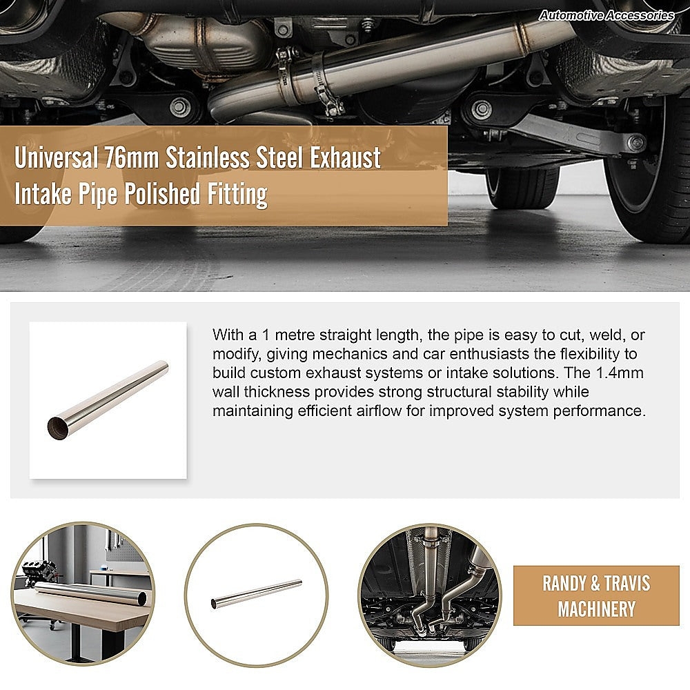 Universal 76mm Stainless Steel Exhaust Intake Pipe Polished Fitting V63-952711