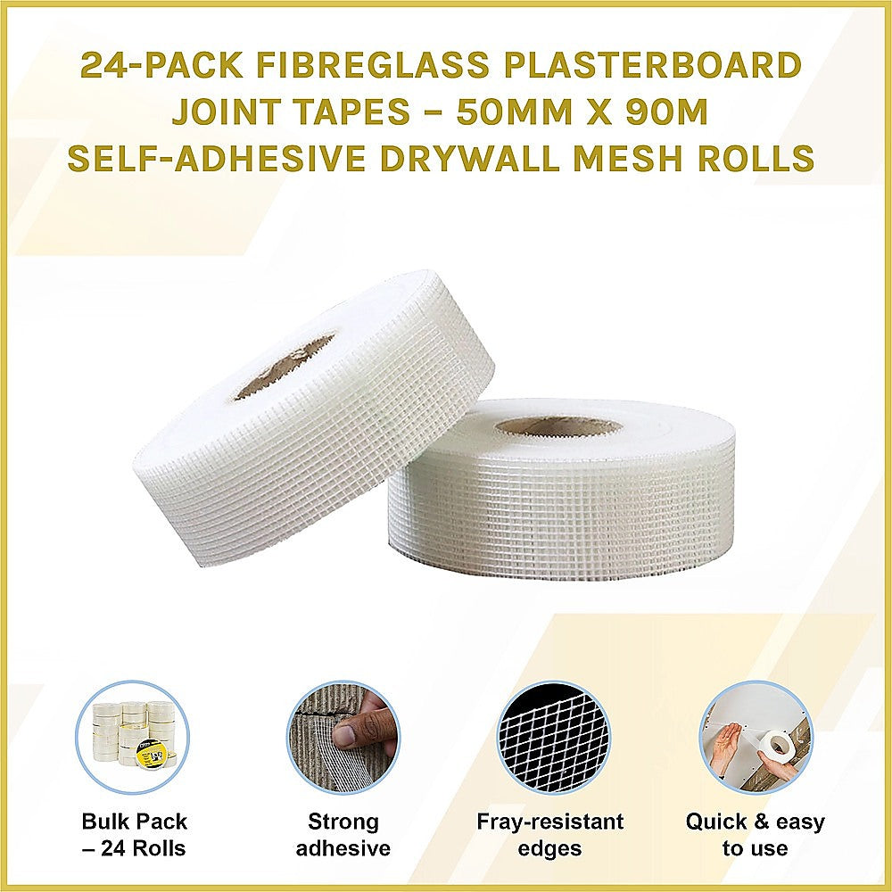 24-Pack Fibreglass Plasterboard Joint Tapes - 50mm x 90m Self-Adhesive Drywall Mesh Rolls V63-952731