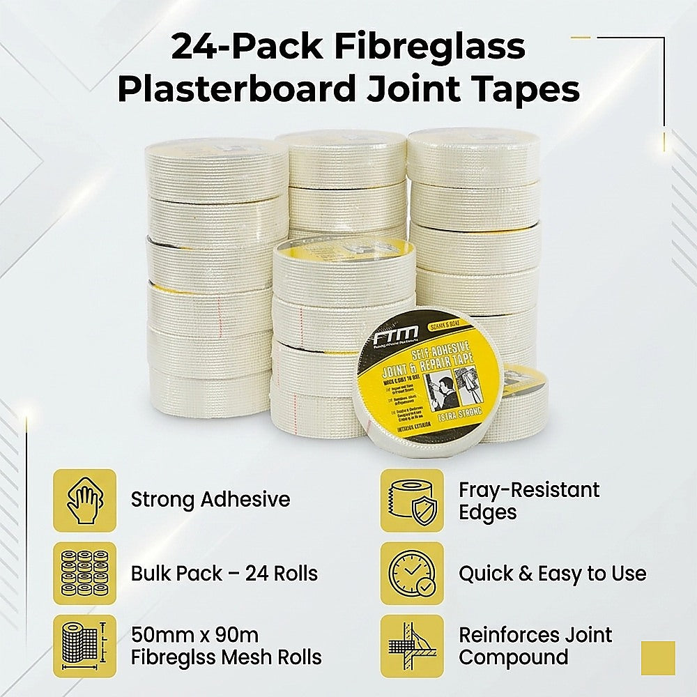 24-Pack Fibreglass Plasterboard Joint Tapes - 50mm x 90m Self-Adhesive Drywall Mesh Rolls V63-952731