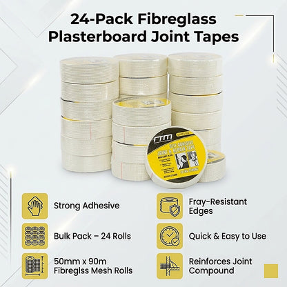 24-Pack Fibreglass Plasterboard Joint Tapes - 50mm x 90m Self-Adhesive Drywall Mesh Rolls V63-952731