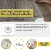 24-Pack Fibreglass Plasterboard Joint Tapes - 50mm x 90m Self-Adhesive Drywall Mesh Rolls V63-952731