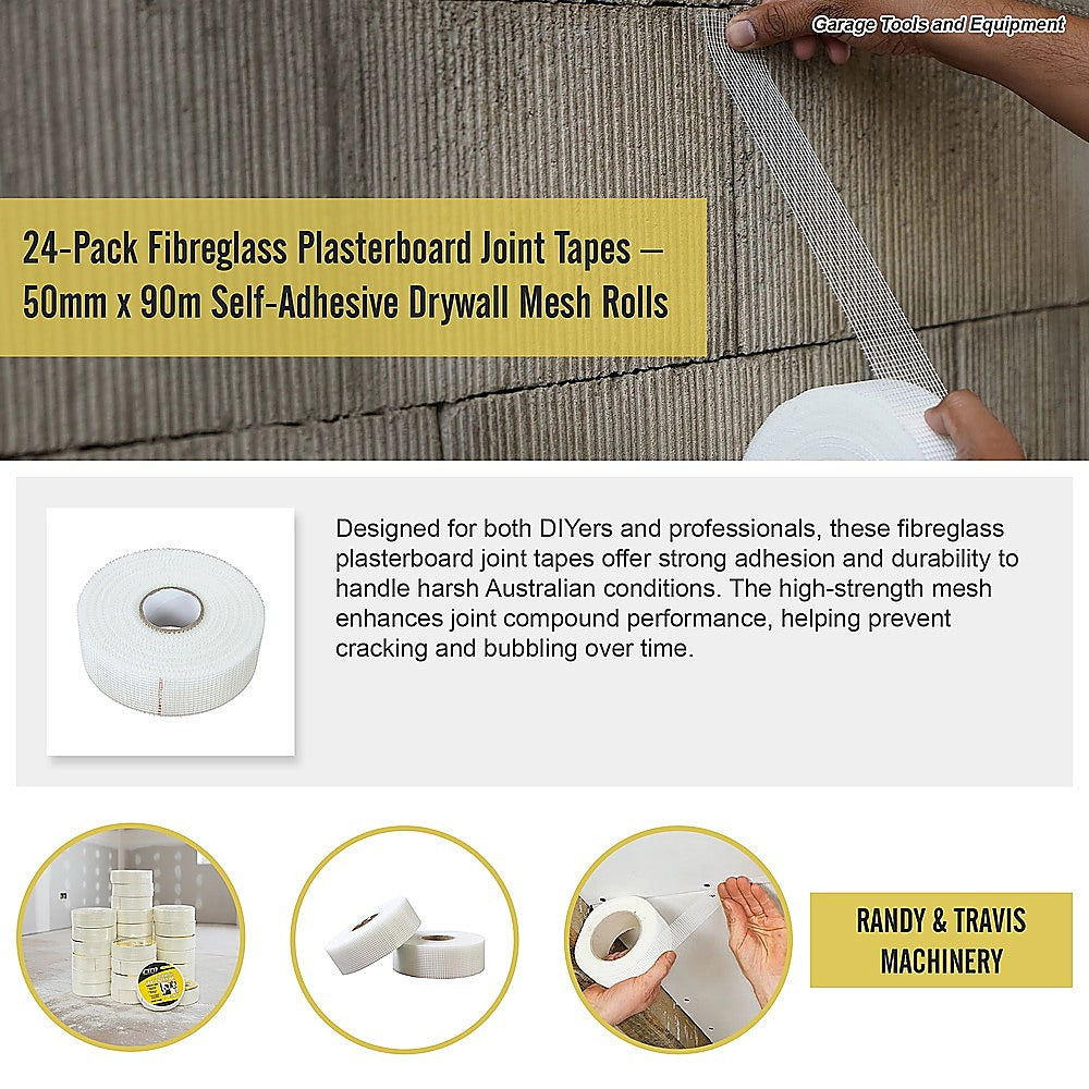 24-Pack Fibreglass Plasterboard Joint Tapes - 50mm x 90m Self-Adhesive Drywall Mesh Rolls V63-952731