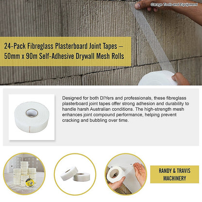 24-Pack Fibreglass Plasterboard Joint Tapes - 50mm x 90m Self-Adhesive Drywall Mesh Rolls V63-952731