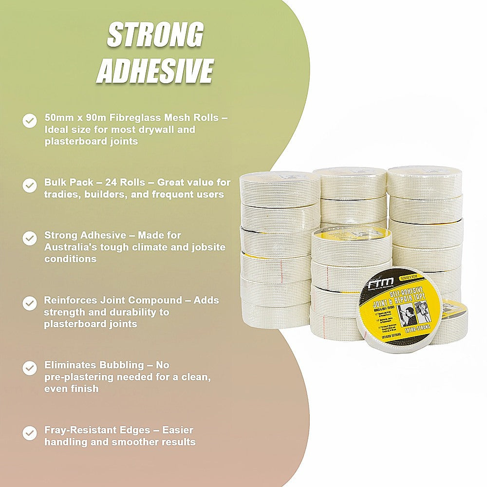 24-Pack Fibreglass Plasterboard Joint Tapes - 50mm x 90m Self-Adhesive Drywall Mesh Rolls V63-952731