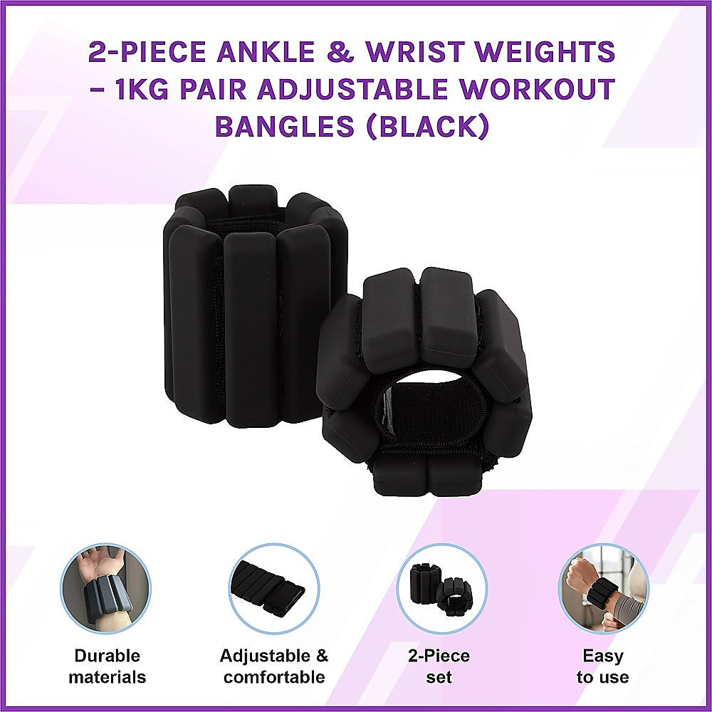 2-Piece Ankle & Wrist Weights - 1kg Pair Adjustable Workout Bangles (Black) V63-952741